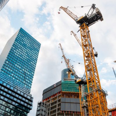 Construction works of multiple modern buildings and skyscrapers in Frankfurt downtown, Germany